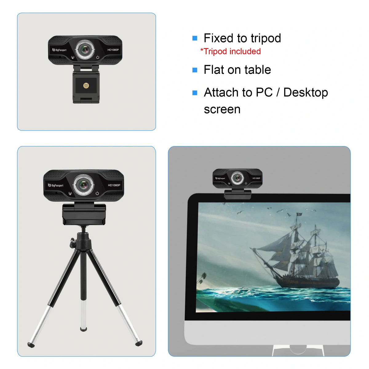 Adjustable monitor clip of the BigPassport Pro-Cam HD220 USB webcam for secure mounting.