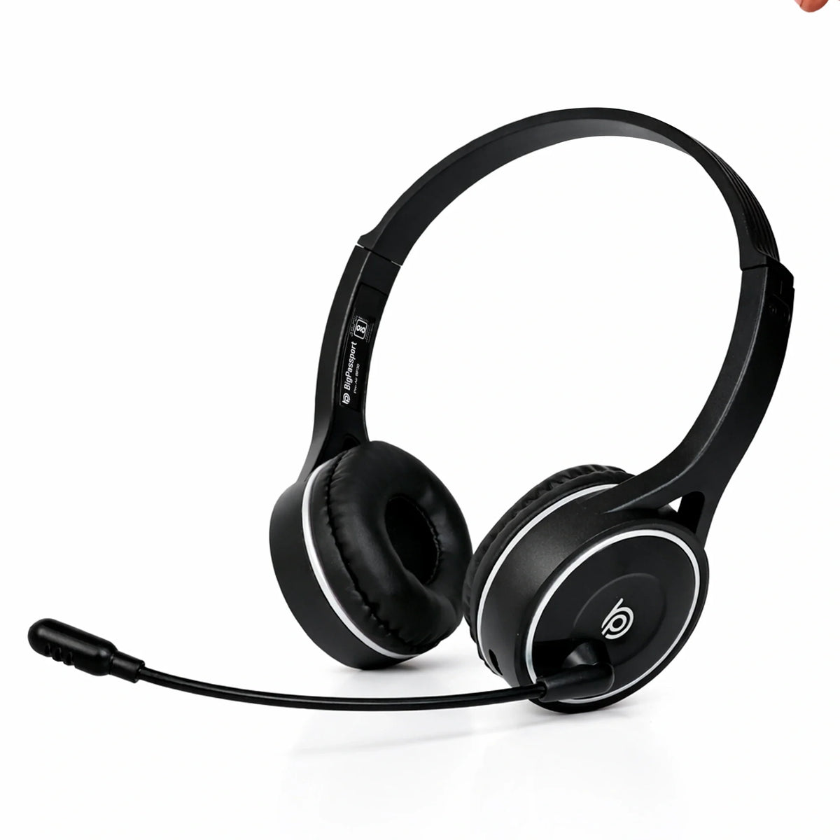 Front view of the BigPassport Pro-Air BP30 Bluetooth wireless headset with noise cancelling microphone in black.