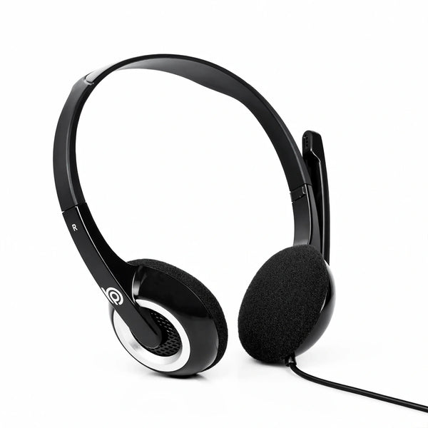 Front view of the BigPassport Pro-Boom 189 USB over-ear headset with noise cancelling microphone in black and silver.