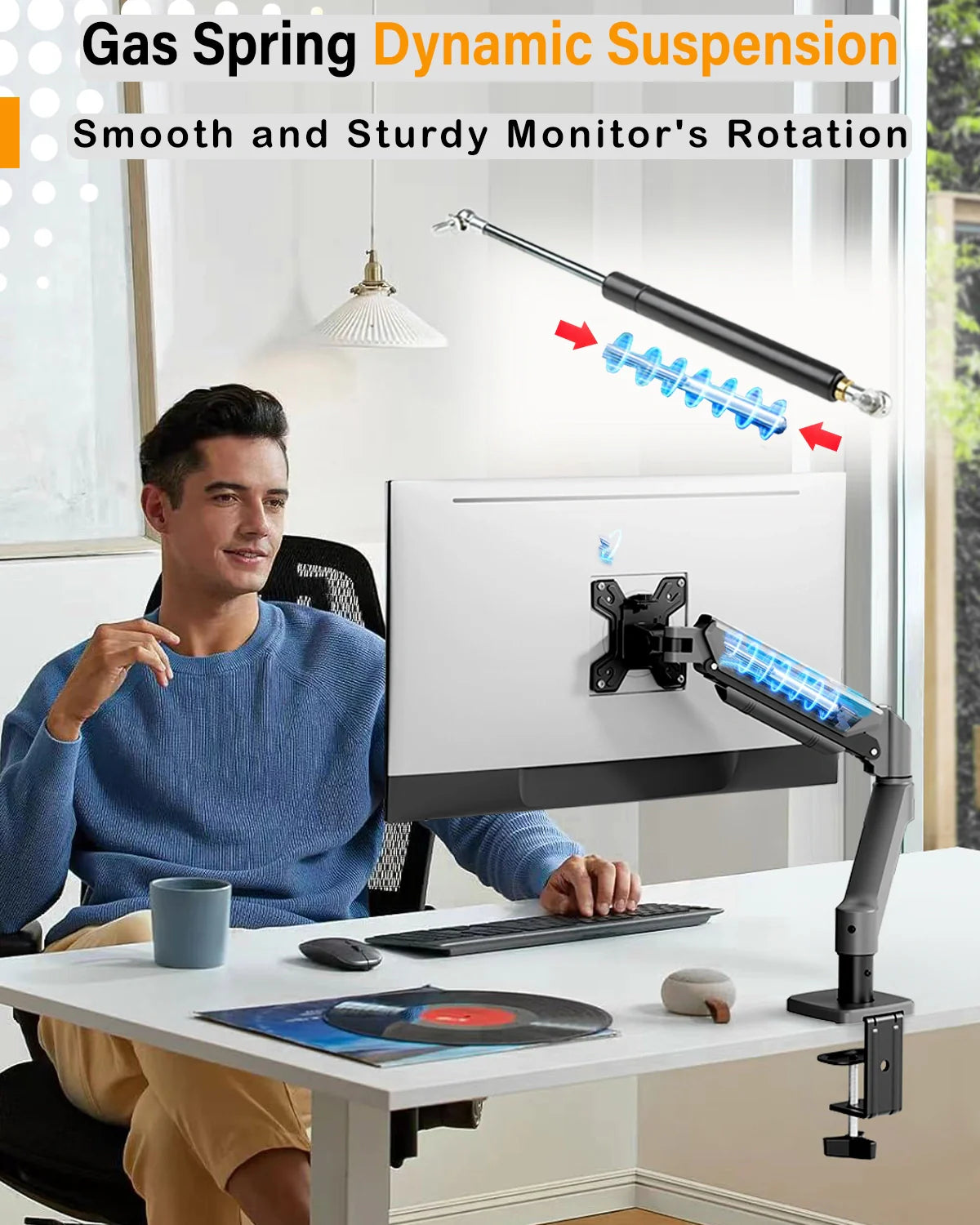BigPassport Pro-Mount 402 height-adjustable gas spring monitor arm for ergonomic desk setup.