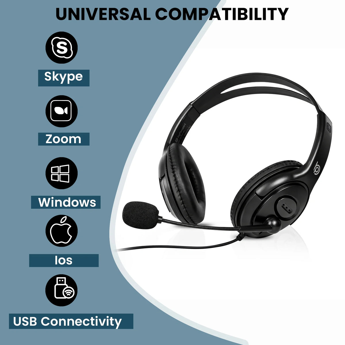 Side view of BigPassport Pro-Tech 493 USB wired headset with adjustable noise cancelling microphone.