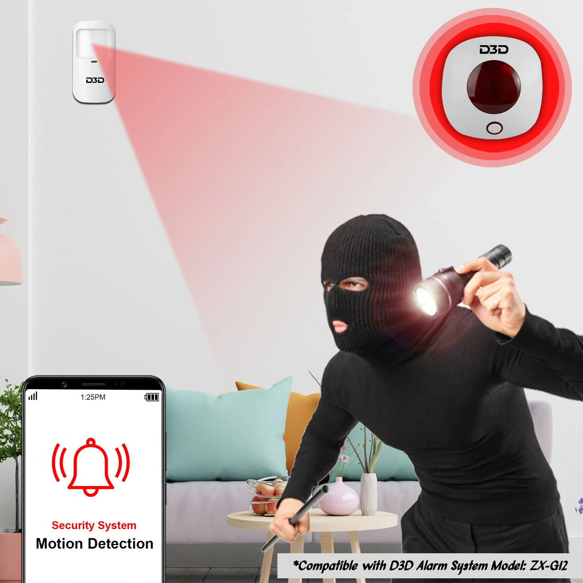 Close-up of D3D wireless outdoor alarm siren with integrated flashing strobe light for security alerts
