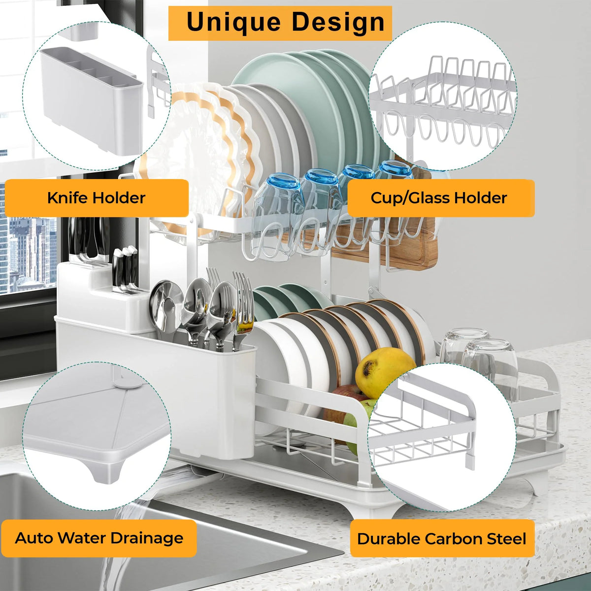 Hello Home 2-tier dish drying rack with ample space for plates, bowls, cups, and kitchen accessories.