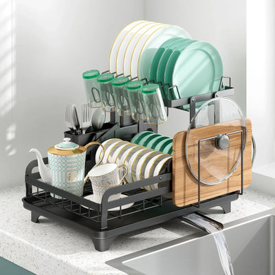 Hello Home 2-Tier Stainless Steel Dish Drying Rack with Drip Tray for Kitchen Counter Black