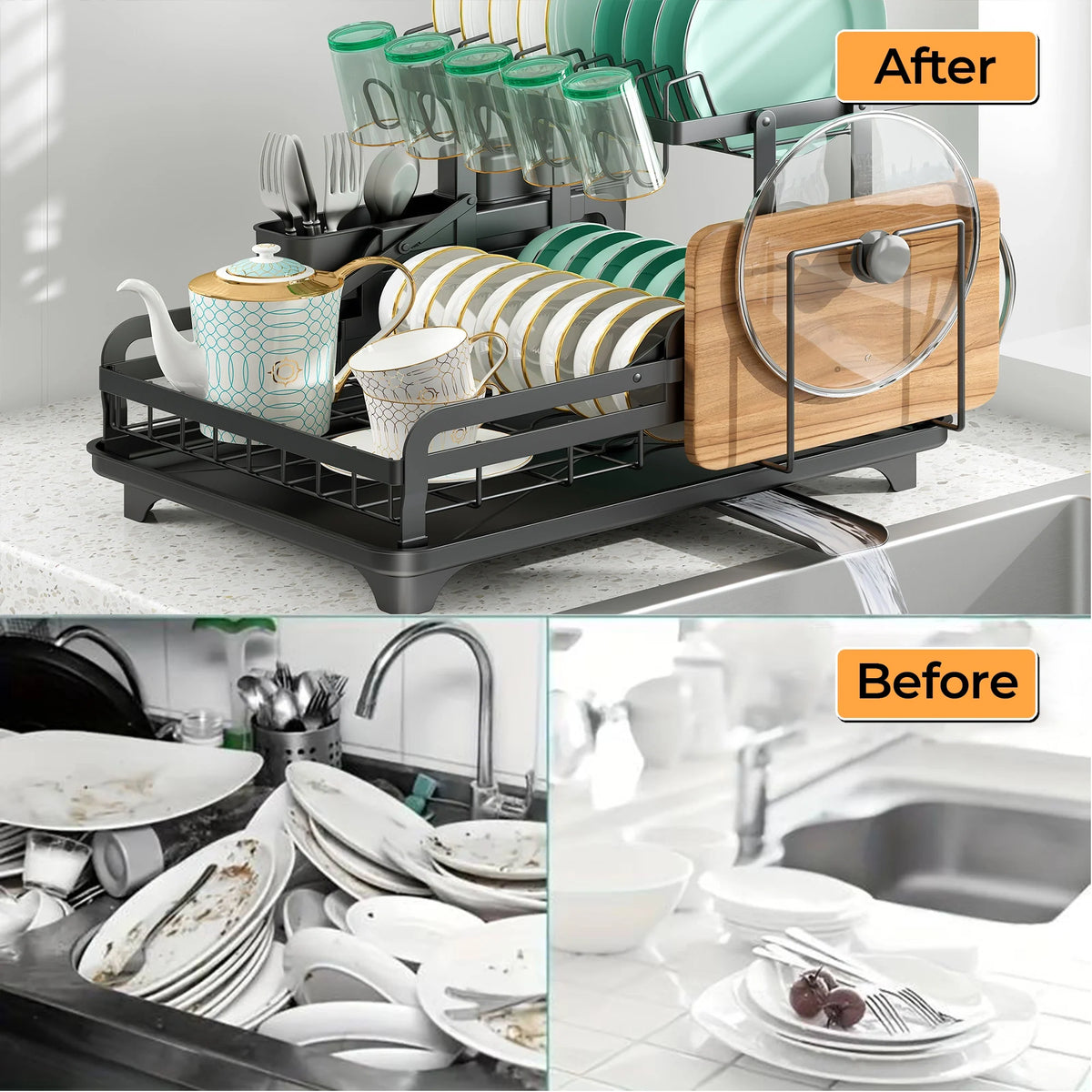 Hello Home dish drying rack with utensil holder and drip tray for efficient kitchen organization.