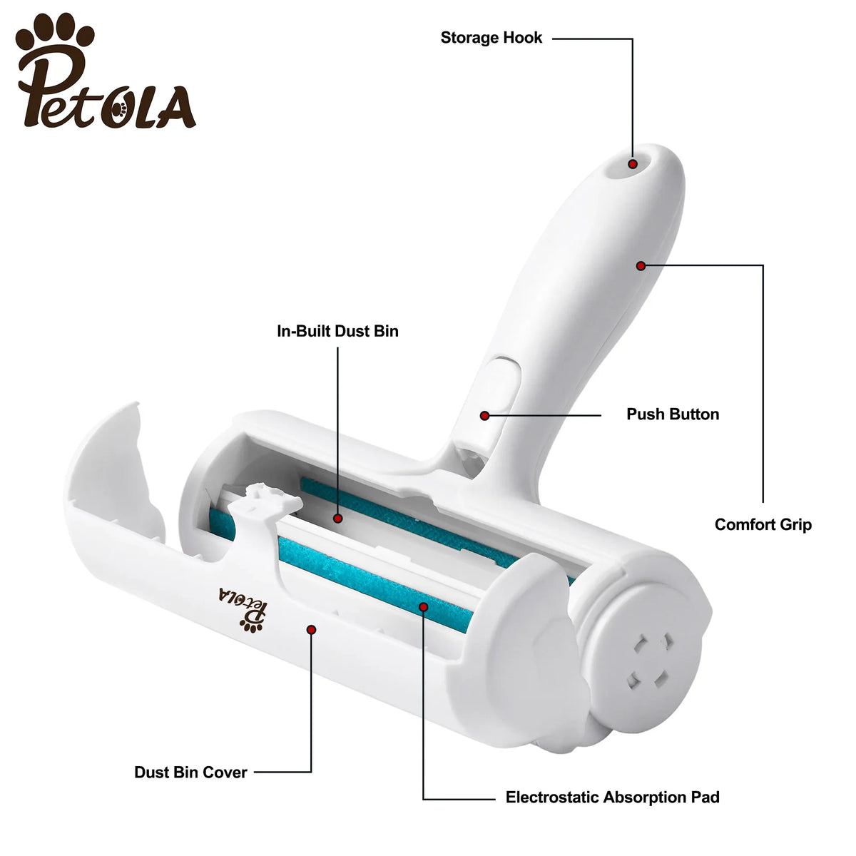 Front view of Petola reusable blue lint roller for cleaning pet hair from clothing and furniture