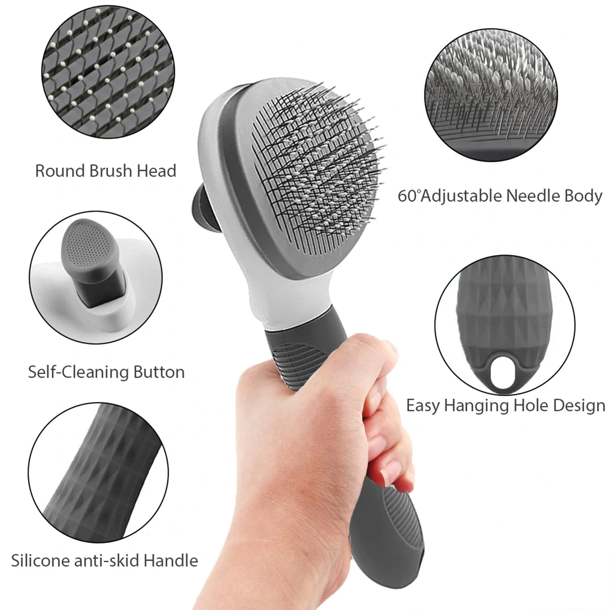 Front view of Petola self-cleaning grey pet grooming brush for dogs and cats