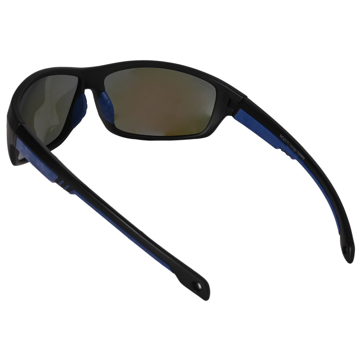 Close-up of ROZIOR black frame polarized sunglasses with blue mirror UV protection lens
