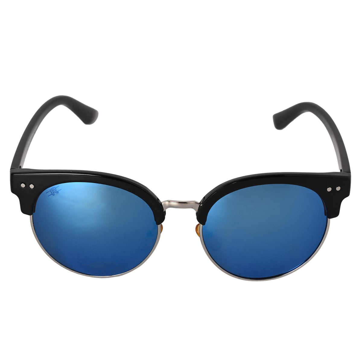 Angled view of ROZIOR unisex sunglasses featuring a black frame and blue mirror UV400 lenses