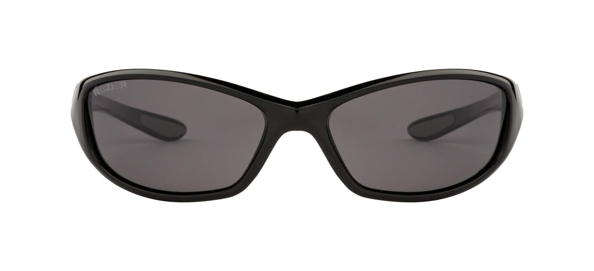 Three-quarter angle view of ROZIOR polarized sunglasses featuring a black frame and smoke UV400 lenses