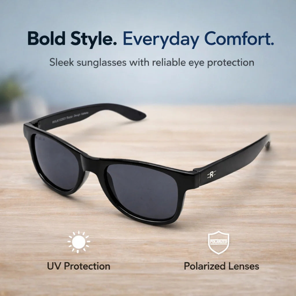Child wearing ROZIOR black smoke frame sunglasses during outdoor play in bright sunlight