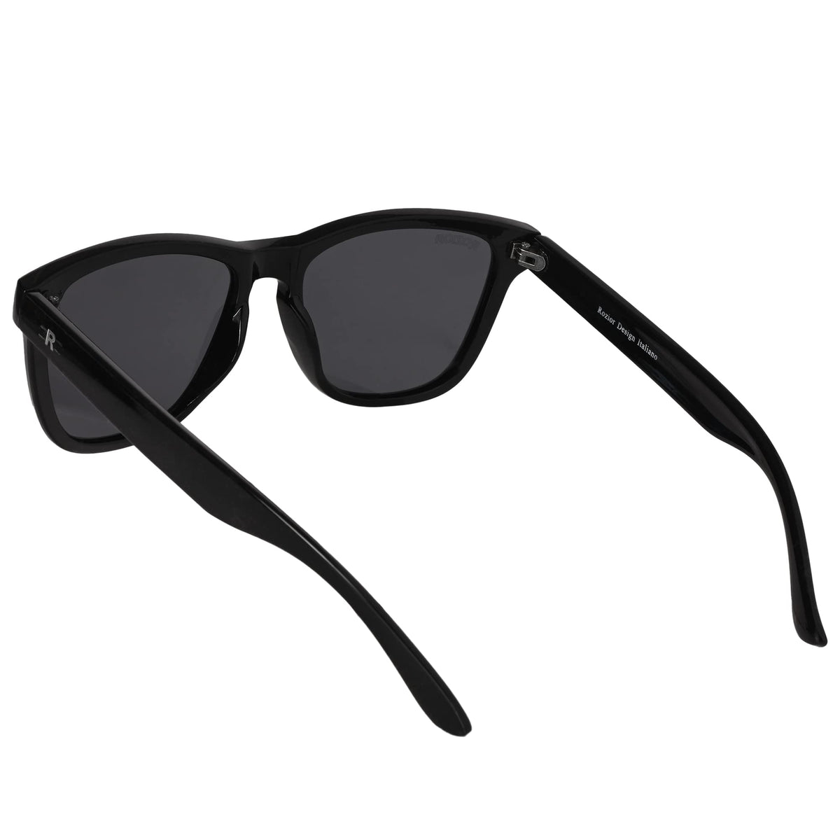 Close-up of ROZIOR Classic Square sunglasses featuring black UV protection lenses and black frame