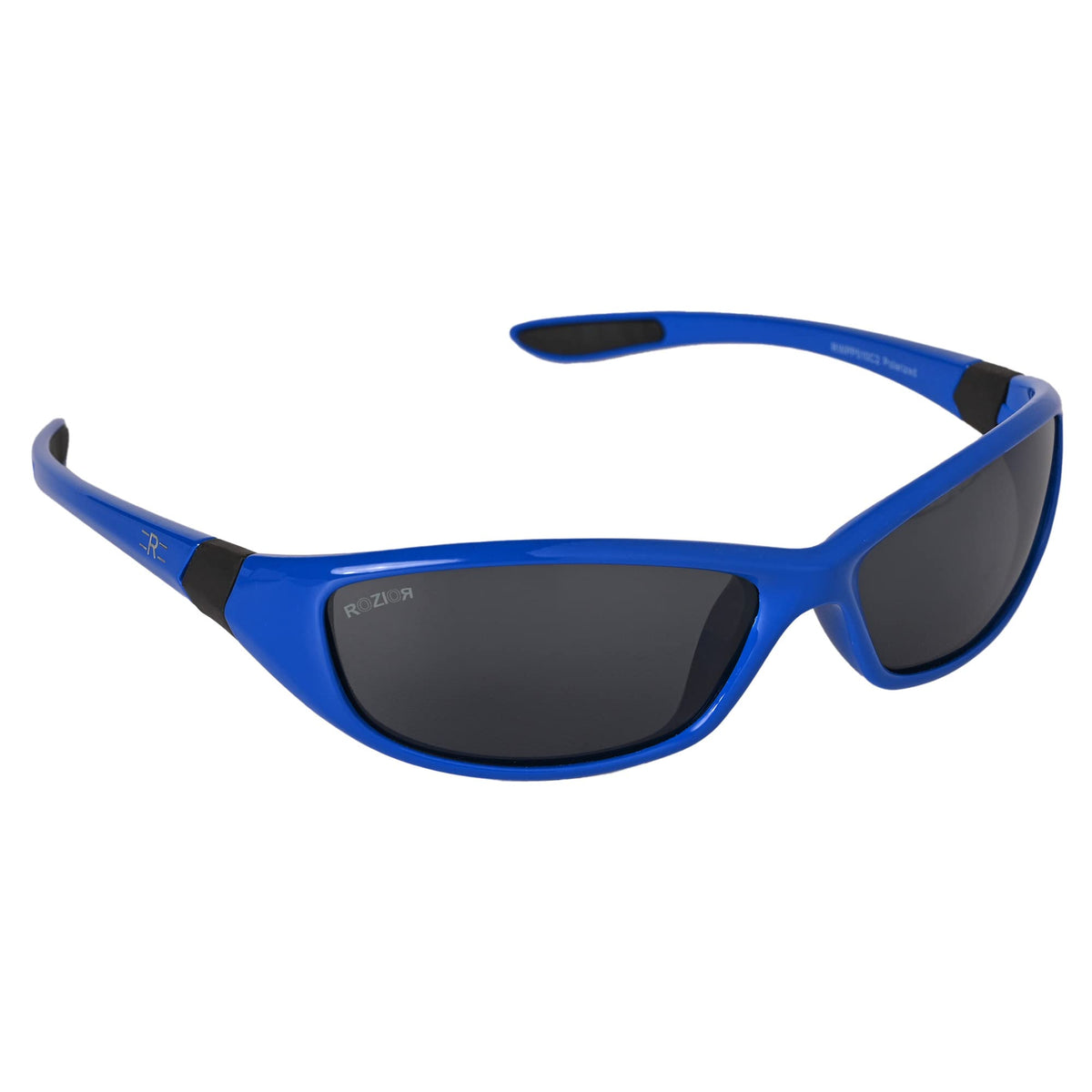 Detailed view of ROZIOR blue frame polarized sunglasses highlighting durable construction and stylish design