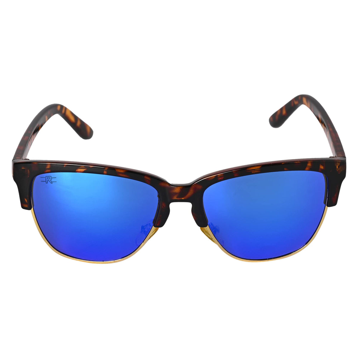 Angled view of ROZIOR polarized sunglasses with blue mirror lenses and stylish tortoise frame