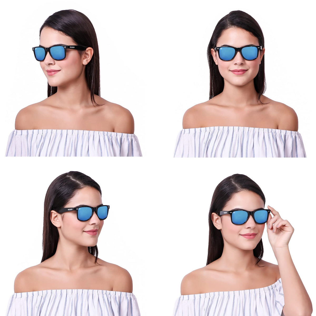 Close-up of ROZIOR Wayfarer sunglasses featuring blue mirror UV protection lenses and black frame