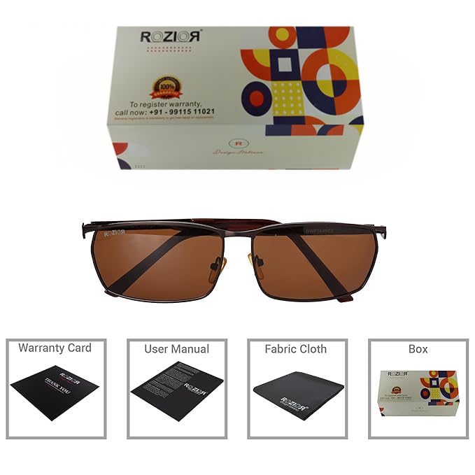 Side profile of ROZIOR medium-fit sunglasses with coffee frame and brown UV400 lenses for men and women