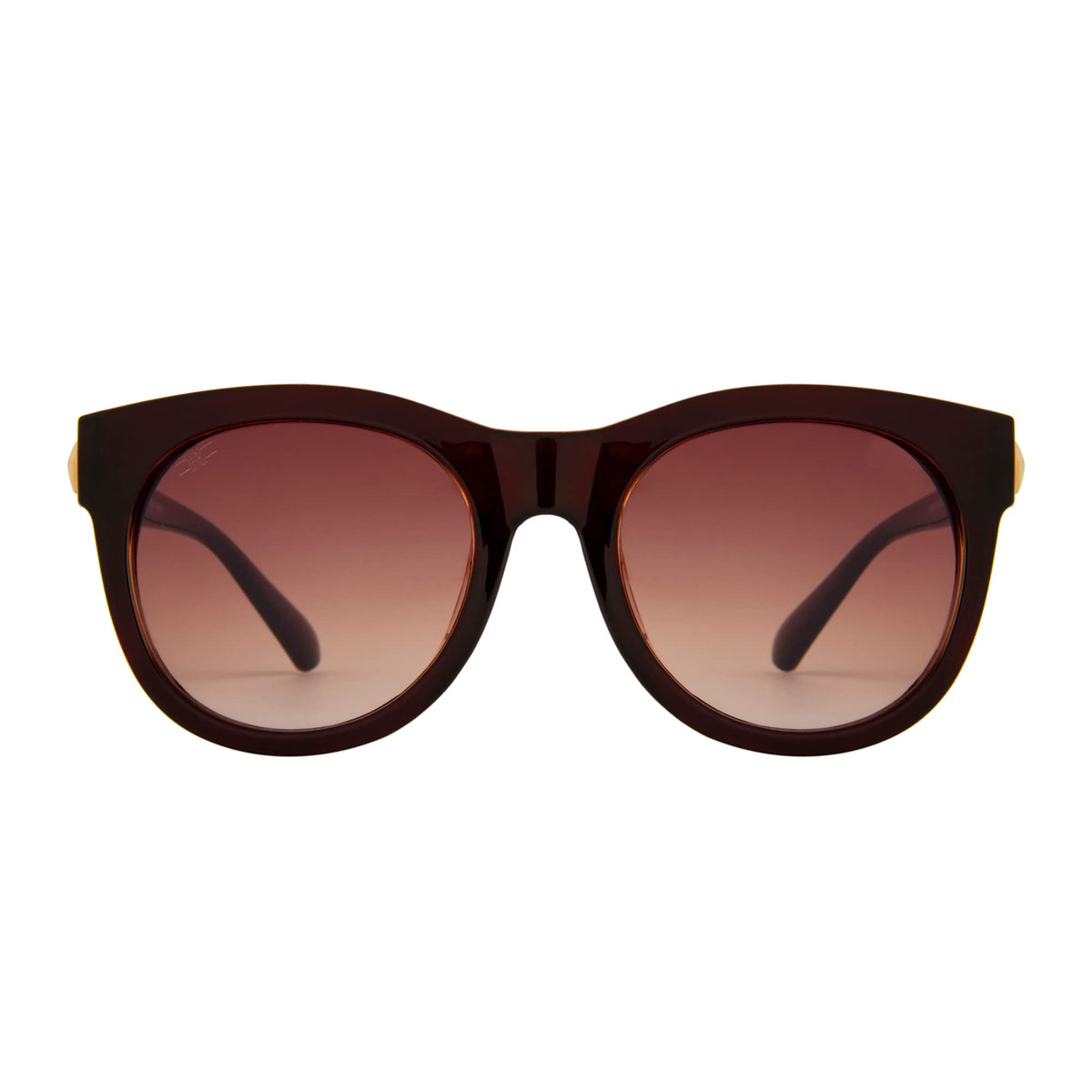 Angled view of ROZIOR women's cat eye sunglasses featuring a brown frame and brown UV400 lenses