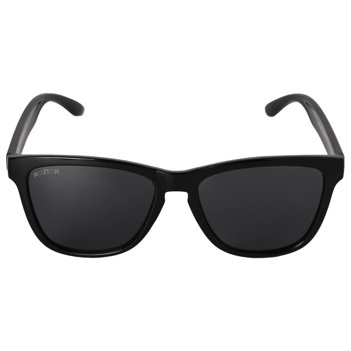 Angled view of ROZIOR Classic Square sunglasses with black UV protection lenses and black frame