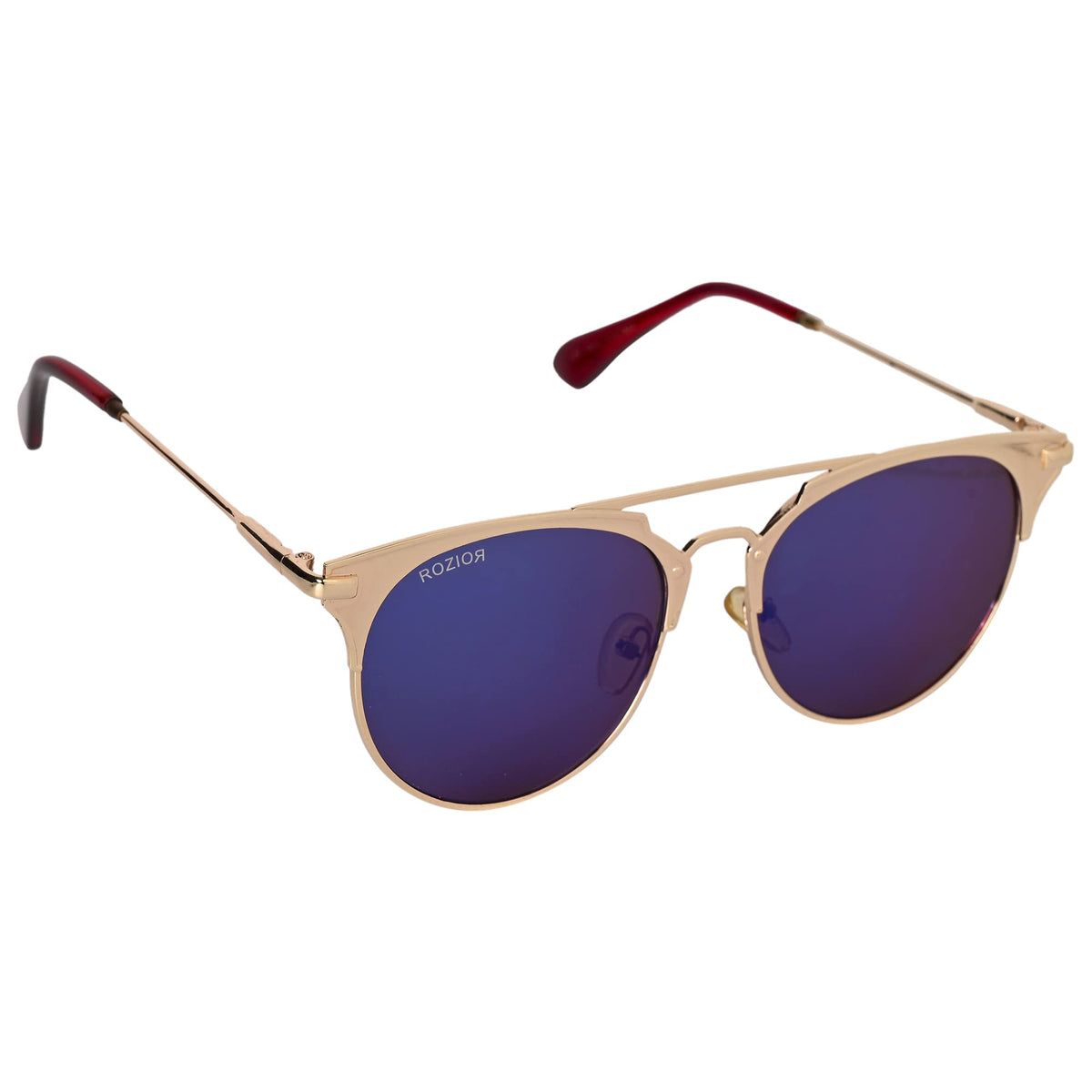 Stylish ROZIOR golden aviator sunglasses with reflective blue mirror lenses for men and women.
