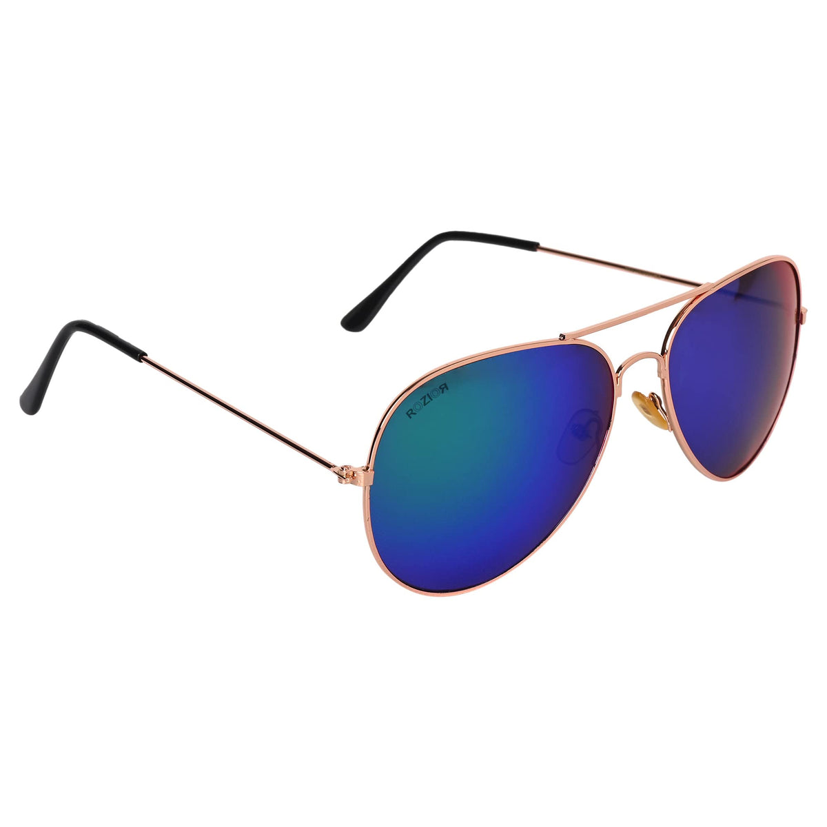 Stylish ROZIOR aviator sunglasses with green mirror lenses and golden metal frame for men and women.