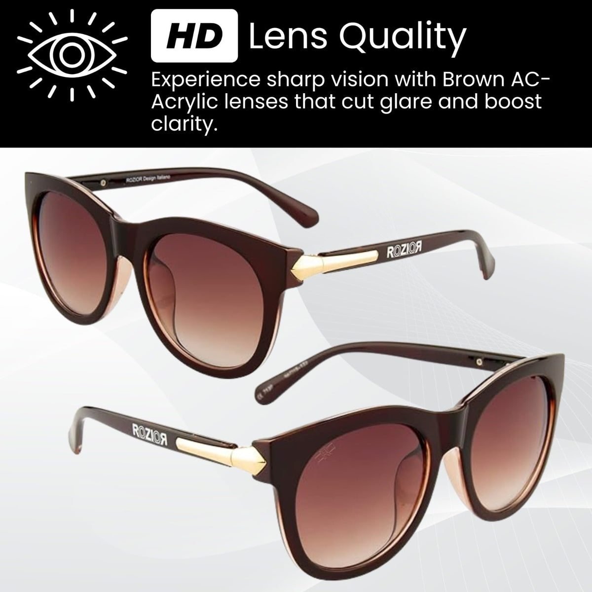Stylish ROZIOR women's cat eye sunglasses with brown frame and brown UV400 lenses for everyday fashion