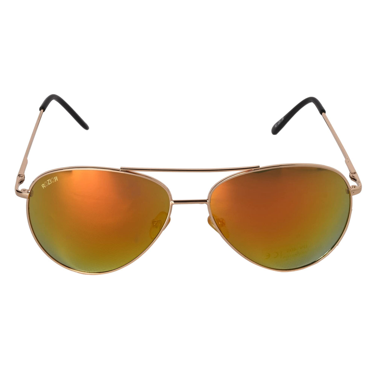 Three-quarter angle view of ROZIOR unisex sunglasses featuring a premium gold frame and gold UV400 lenses