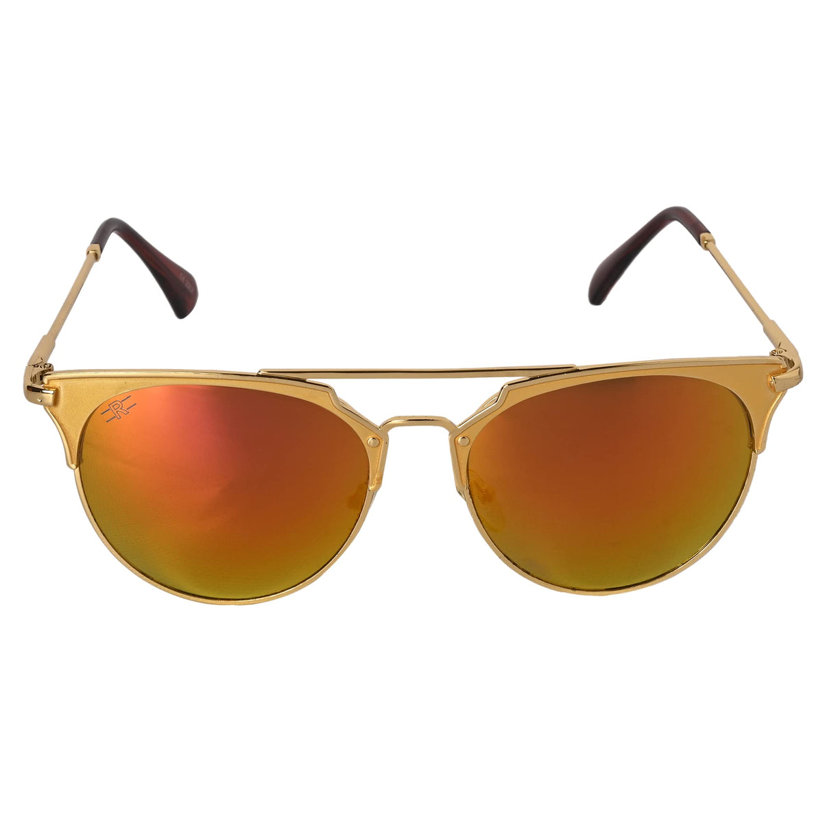 Angled view of ROZIOR Golden Aviator Sunglasses featuring red mirror UV protection lenses and a premium golden metal frame.