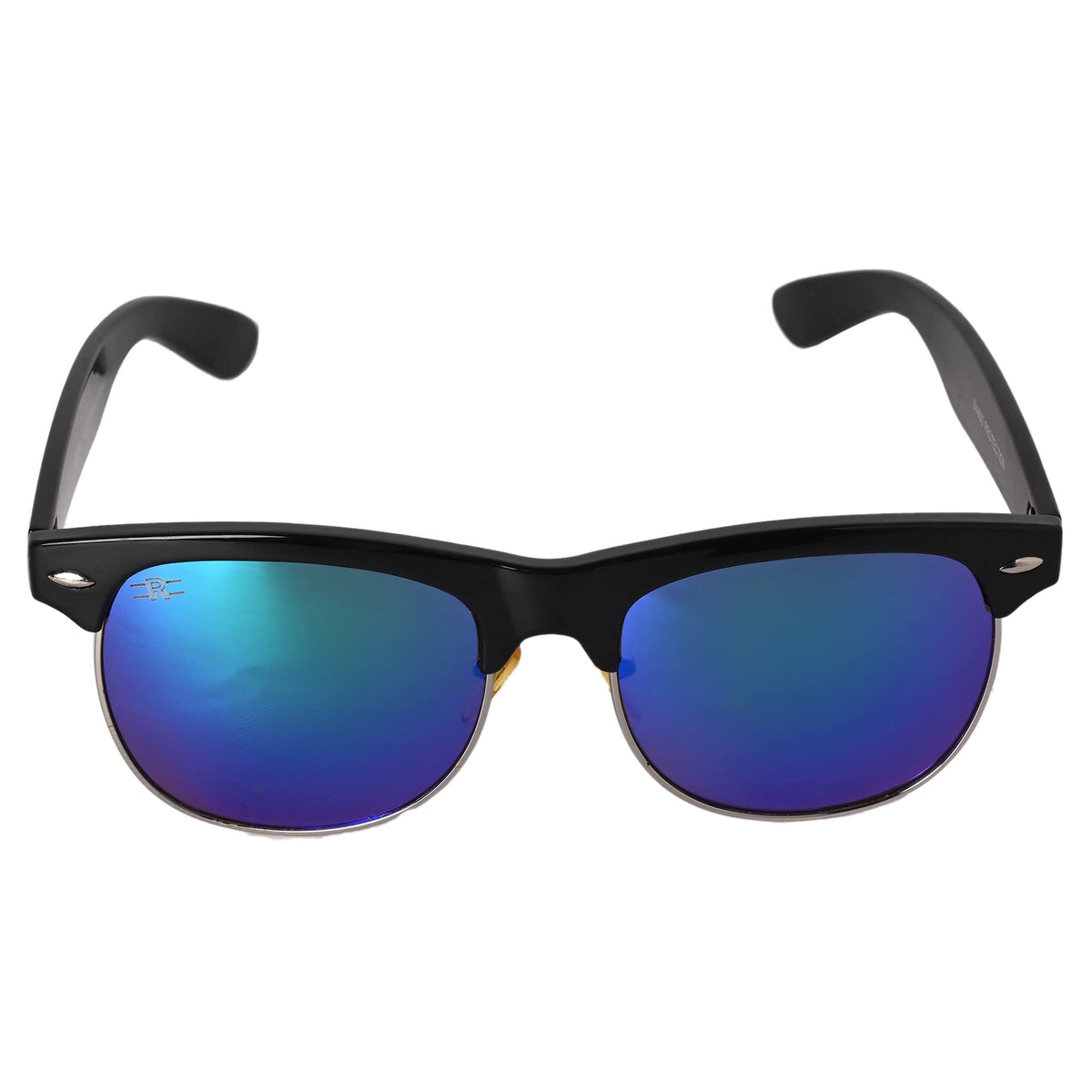 Angled view of ROZIOR unisex sunglasses with green mirror lenses and black frame