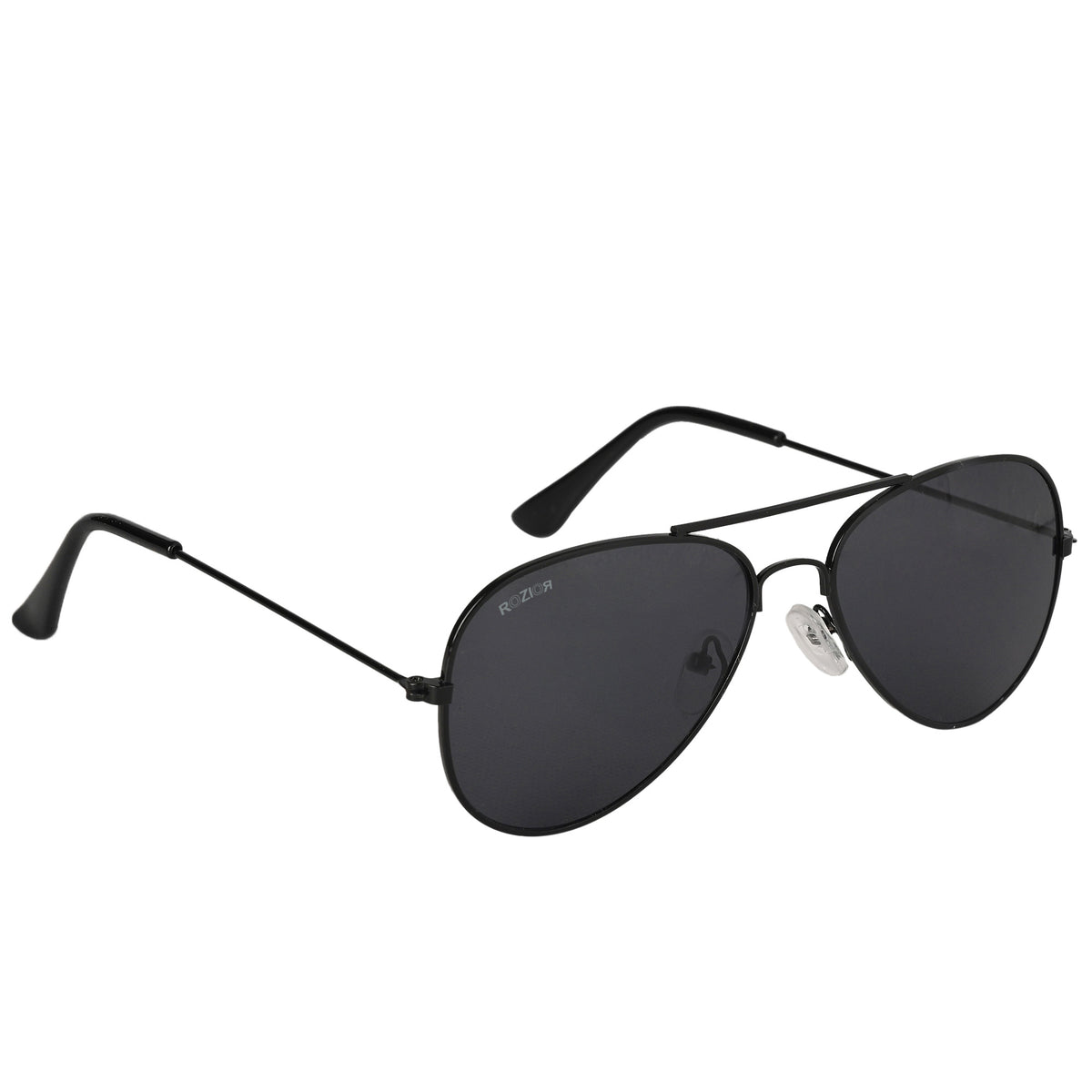 Child wearing ROZIOR black smoke aviator sunglasses while enjoying outdoor activities in sunlight