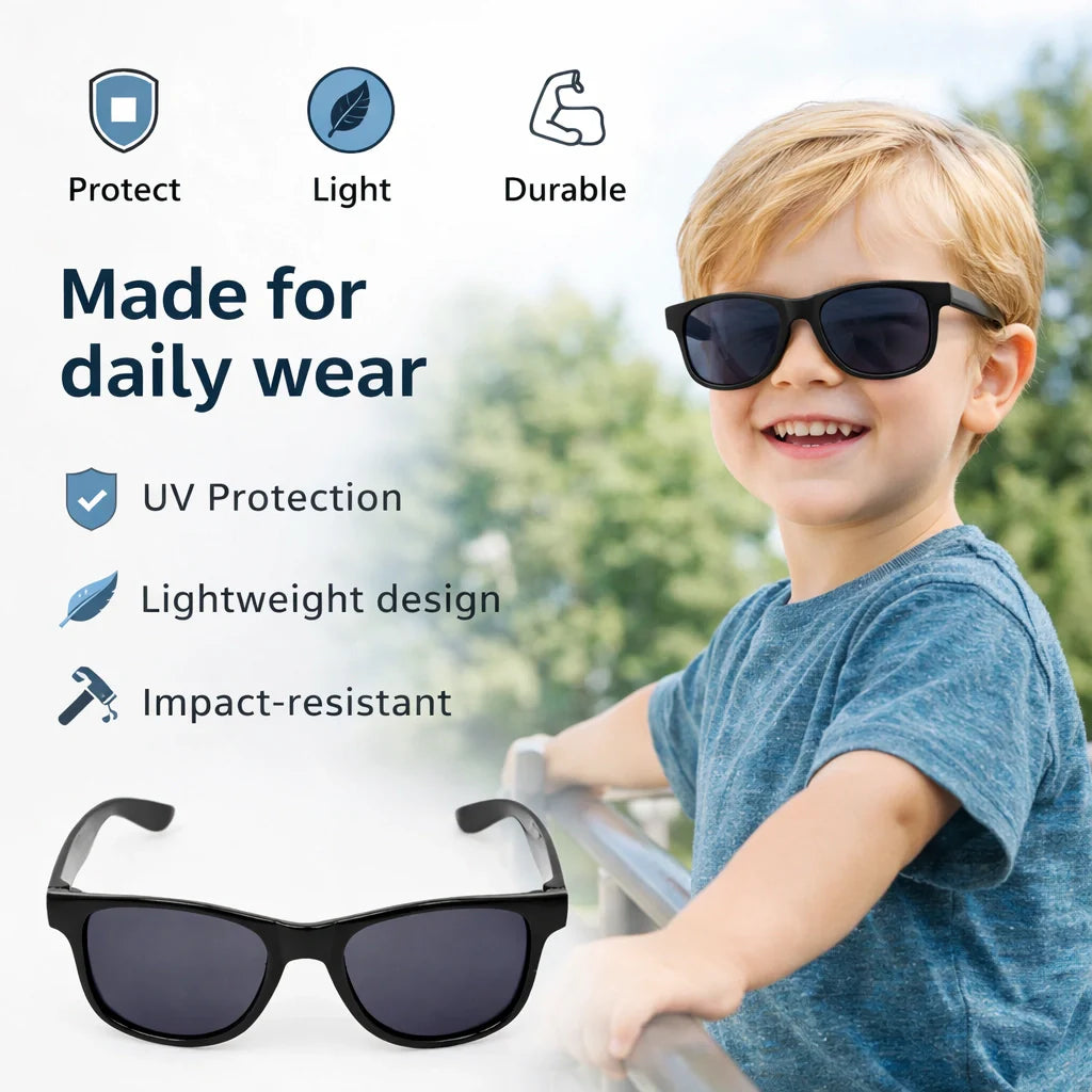 Side view of ROZIOR non-polarized kids sunglasses with lightweight black smoke frame