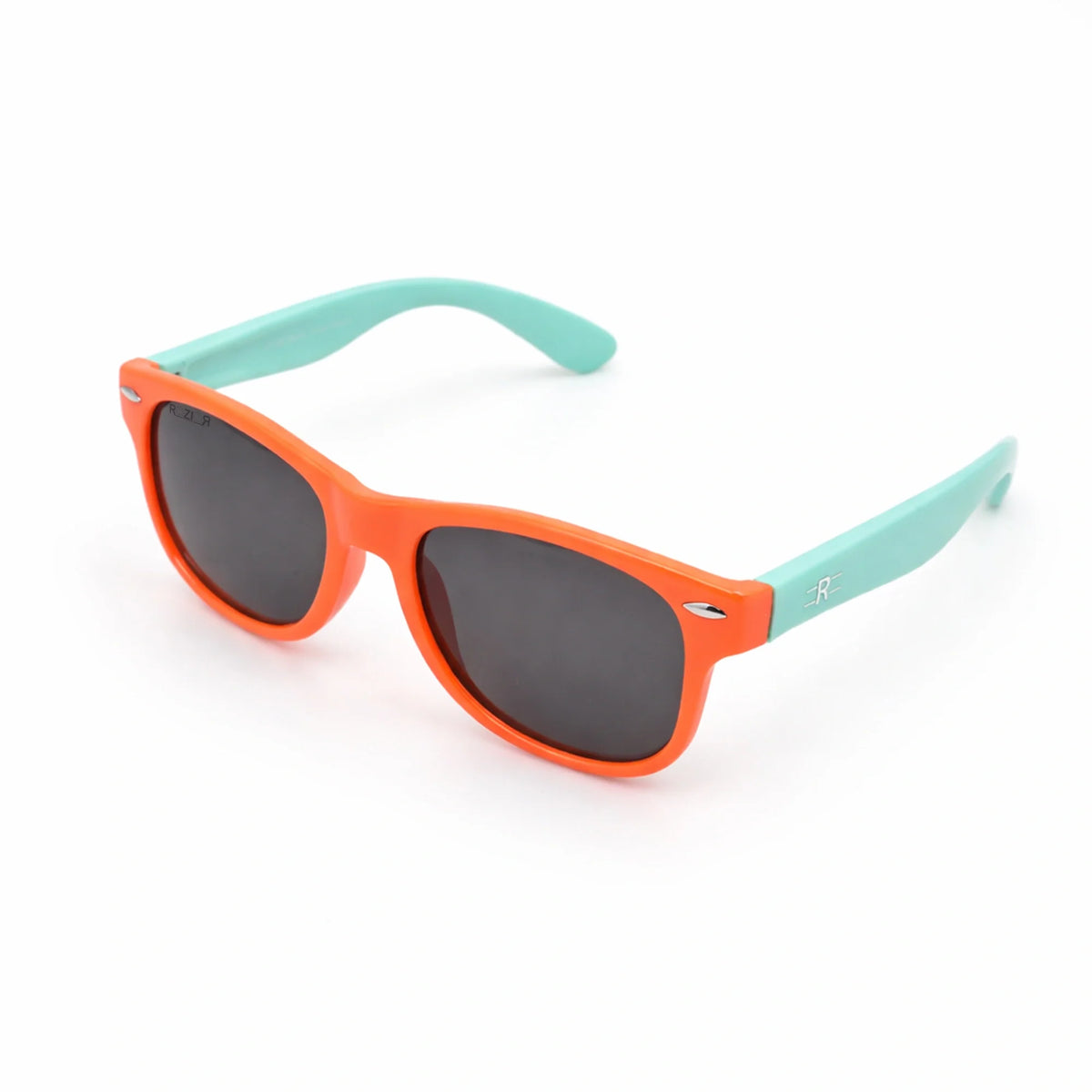 Angled view of ROZIOR kids polarized sunglasses featuring an orange frame and smoke black lenses for outdoor protection.