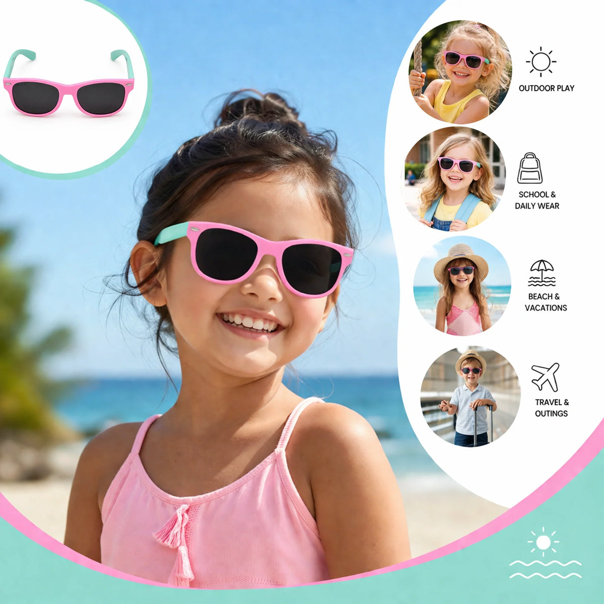 ROZIOR kids sun protection sunglasses designed to shield young eyes from harmful UVA and UVB rays.