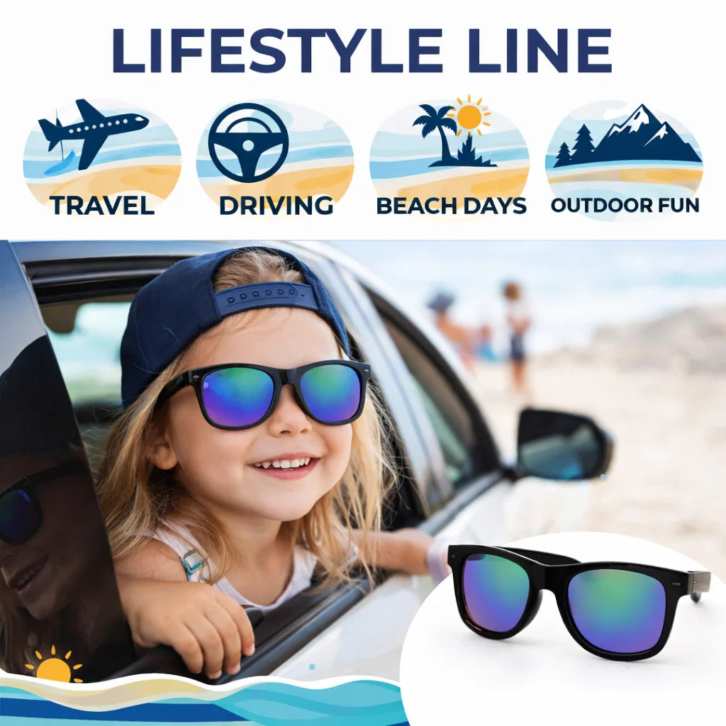 ROZIOR kids UV protection sunglasses with a comfortable full-frame design and green mirror lenses.