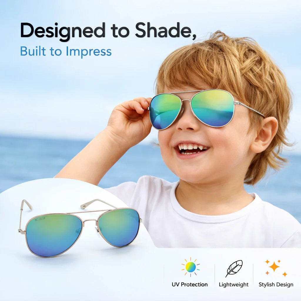 Kids aviator sunglasses with UV400 protection designed for travel, sports, holidays and everyday outdoor wear.