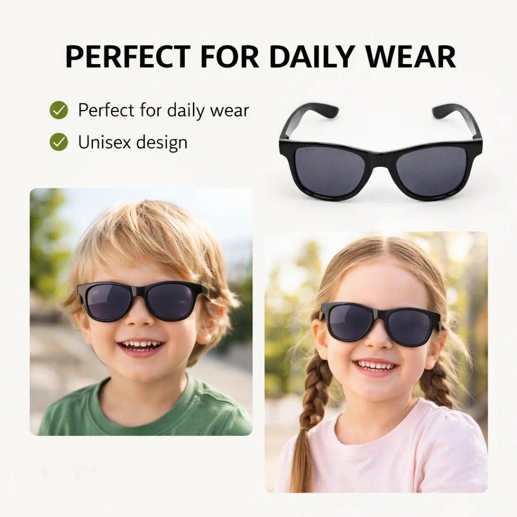 Angled view of ROZIOR kids black sunglasses with UV400 protection and smoke lenses