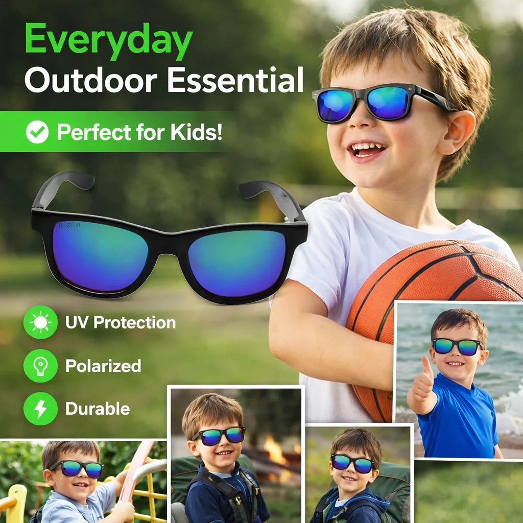Lightweight ROZIOR kids sunglasses designed for sports, travel, beach outings, and everyday outdoor activities.