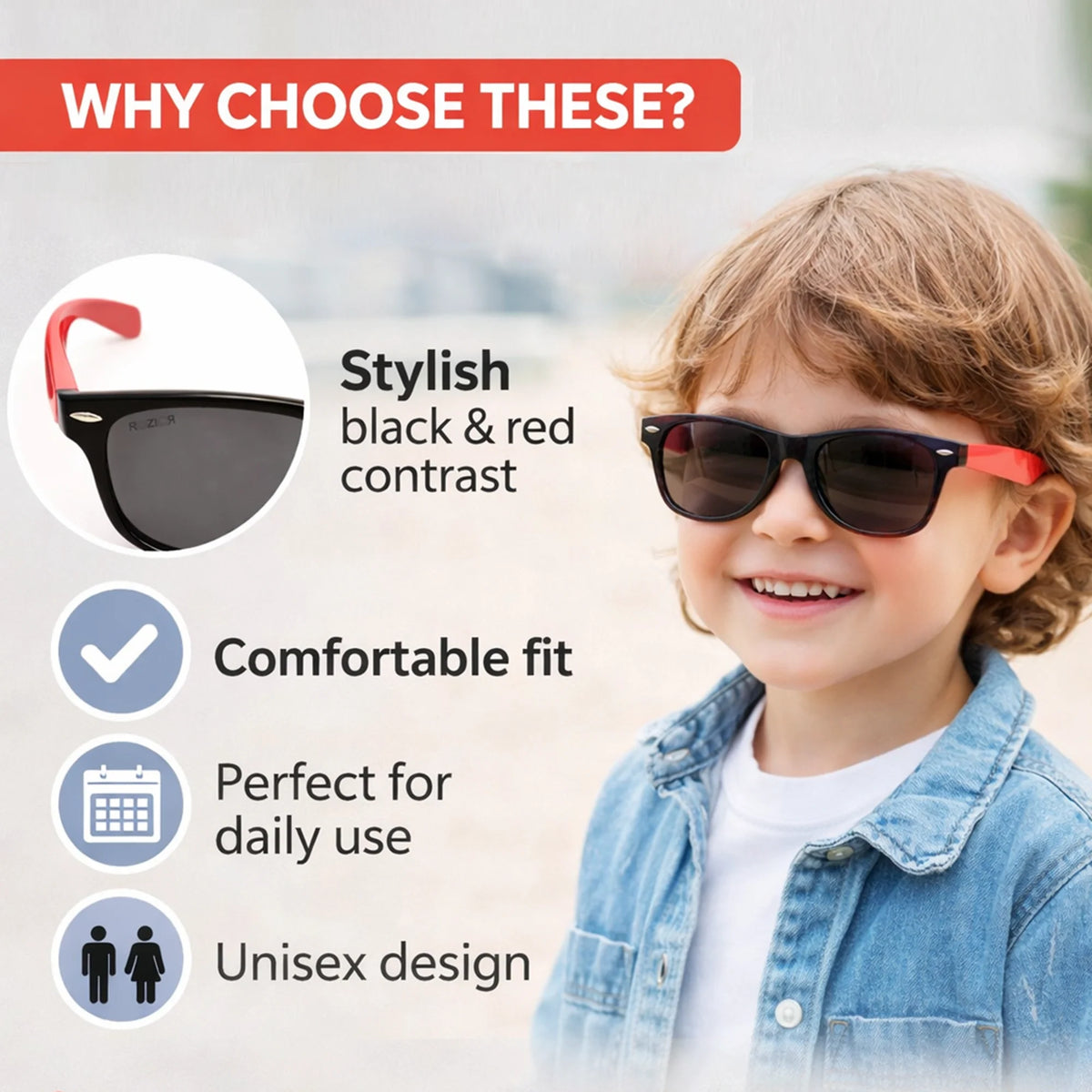 Side view of ROZIOR lightweight kids sunglasses with black and red sport design and UV400 lenses