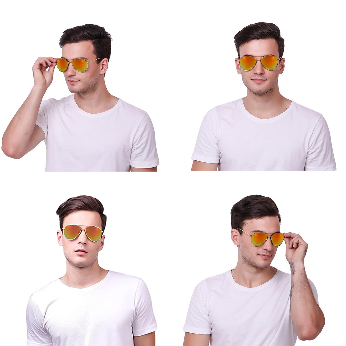 Detailed view of ROZIOR luxury gold frame sunglasses highlighting gold lenses and refined metal finish