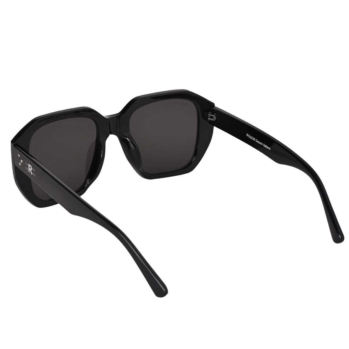 Close-up of ROZIOR medium fit polarized sunglasses with premium black polarized lenses and black frame