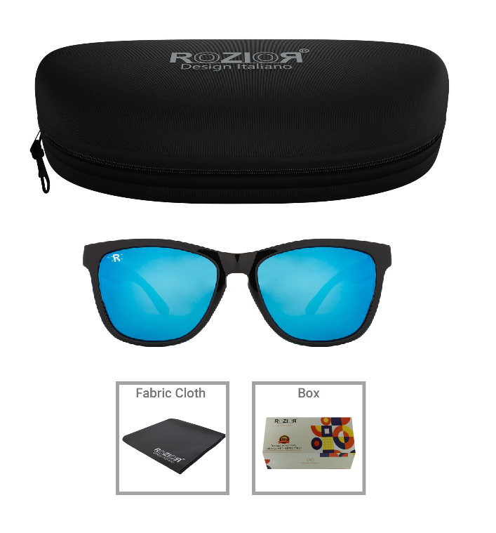 Side view of ROZIOR medium Wayfarer sunglasses with blue mirror lenses and black frame