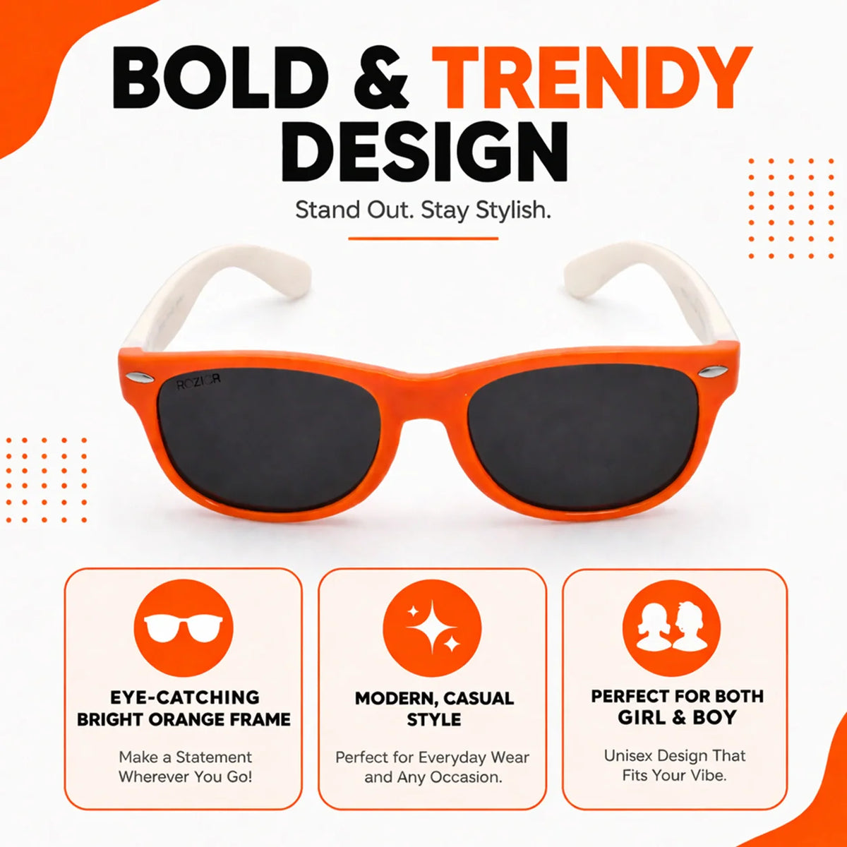 Side view of ROZIOR orange and white kids sunglasses with lightweight frame and stylish design.