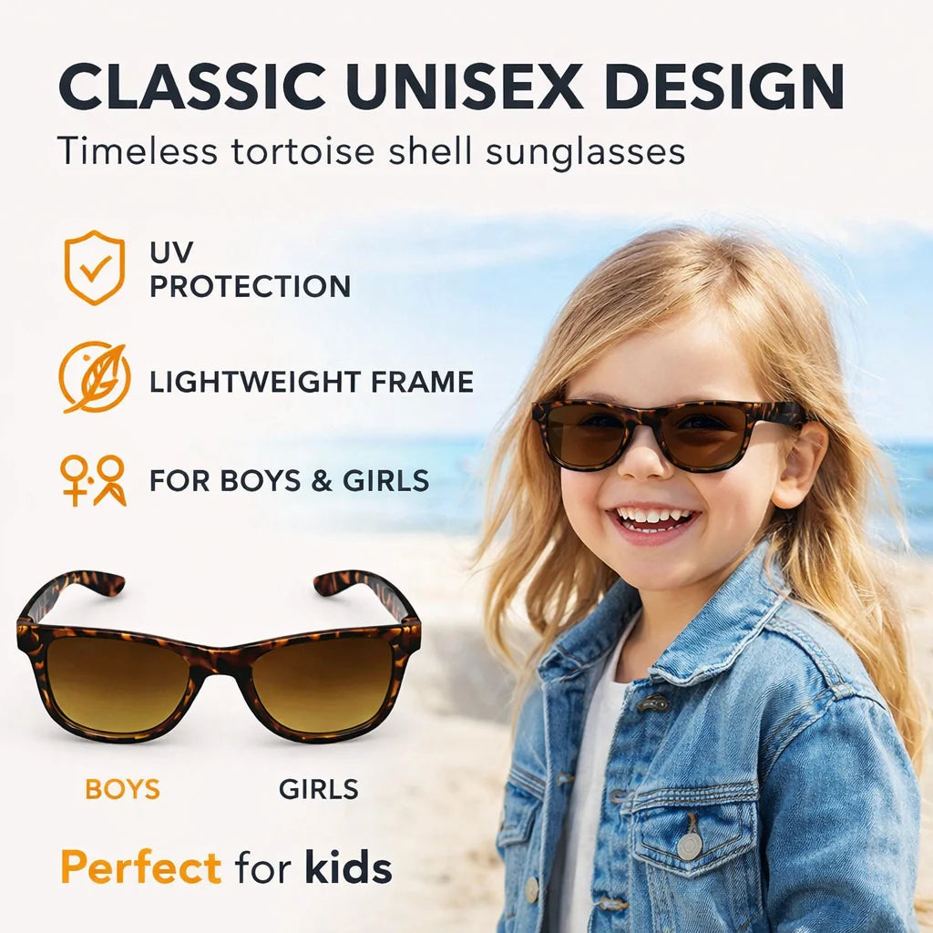 Close-up of ROZIOR premium kids sunglasses with durable lightweight tortoiseshell brown frame