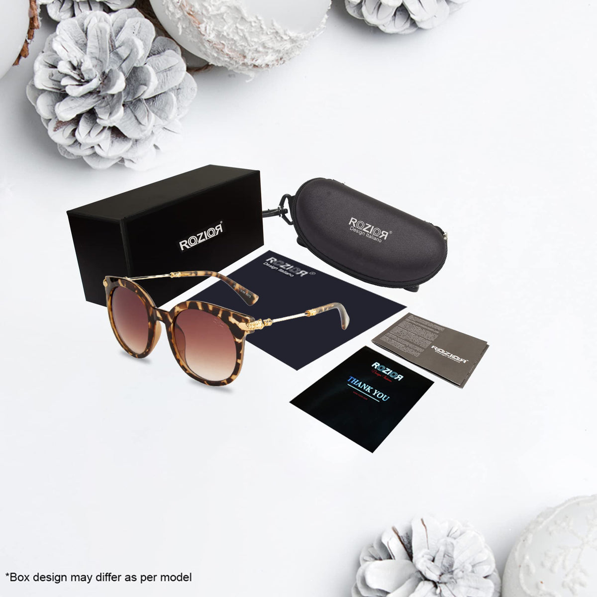 Close-up of ROZIOR round sunglasses showcasing premium brown UV400 lenses and tortoise frame