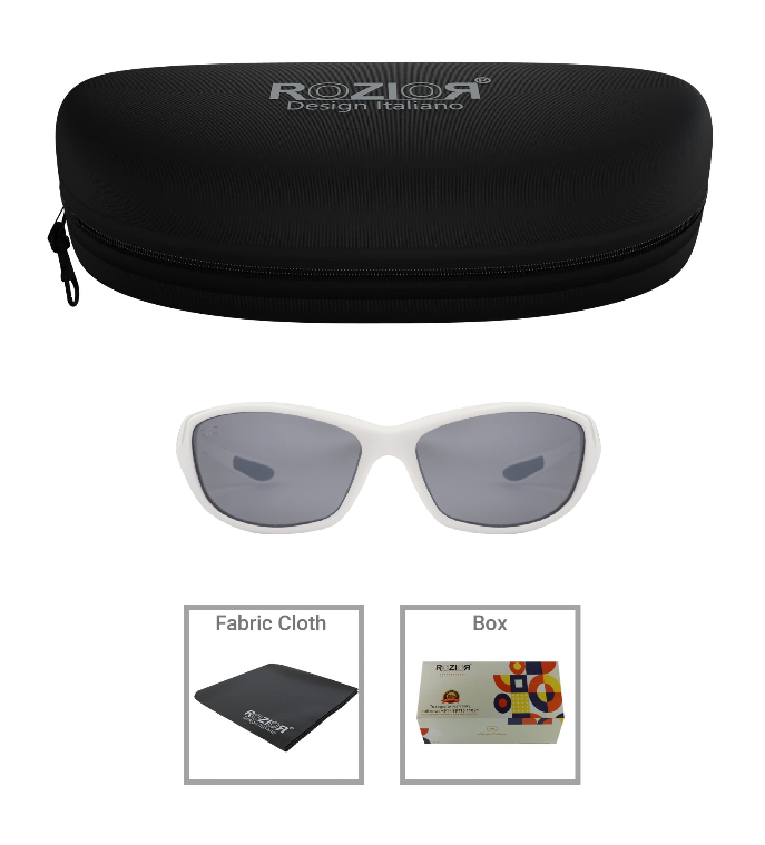 Side profile of ROZIOR polarized UV400 sunglasses with lightweight white frame and silver mirror lenses