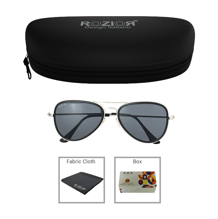 Side profile of ROZIOR men and women aviator sunglasses with lightweight black frame and black UV400 lenses