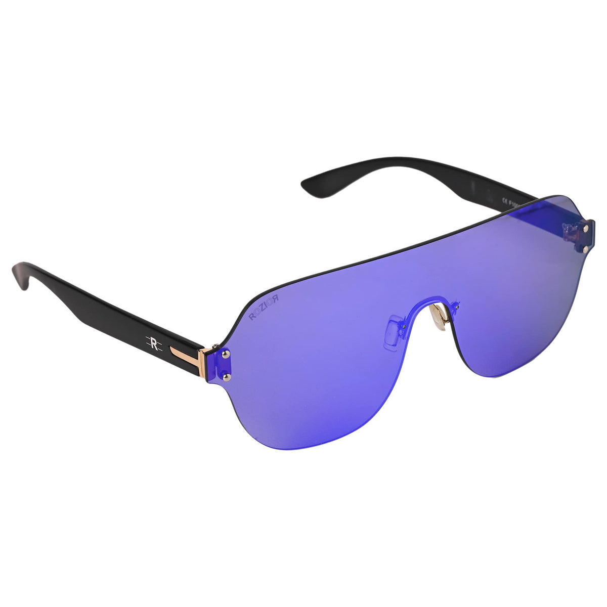 Side angle of ROZIOR lightweight black frame sunglasses with blue mirror UV400 lenses for men and women