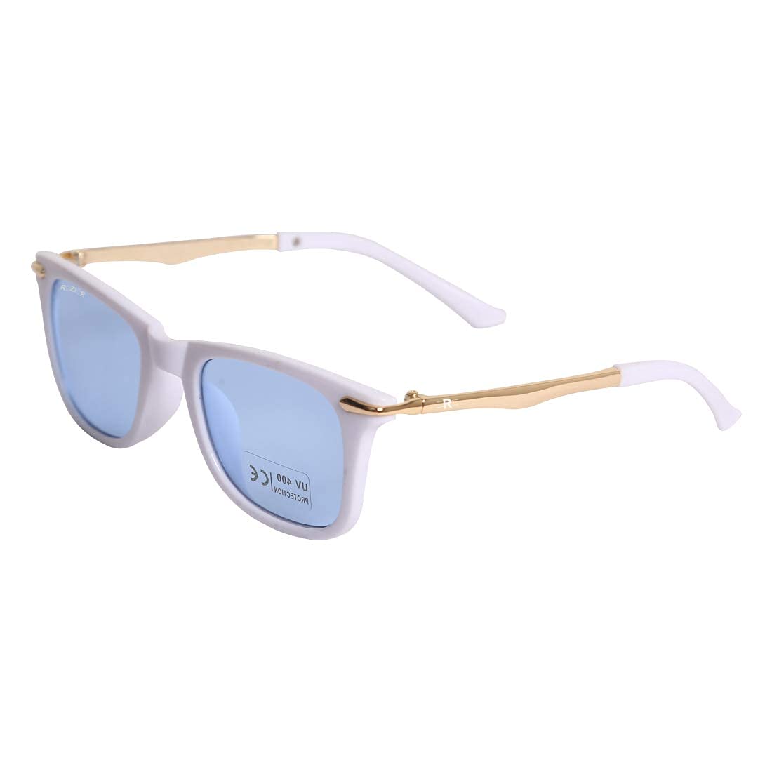 Side profile of ROZIOR kids UV400 sunglasses with lightweight white frame and blue lenses