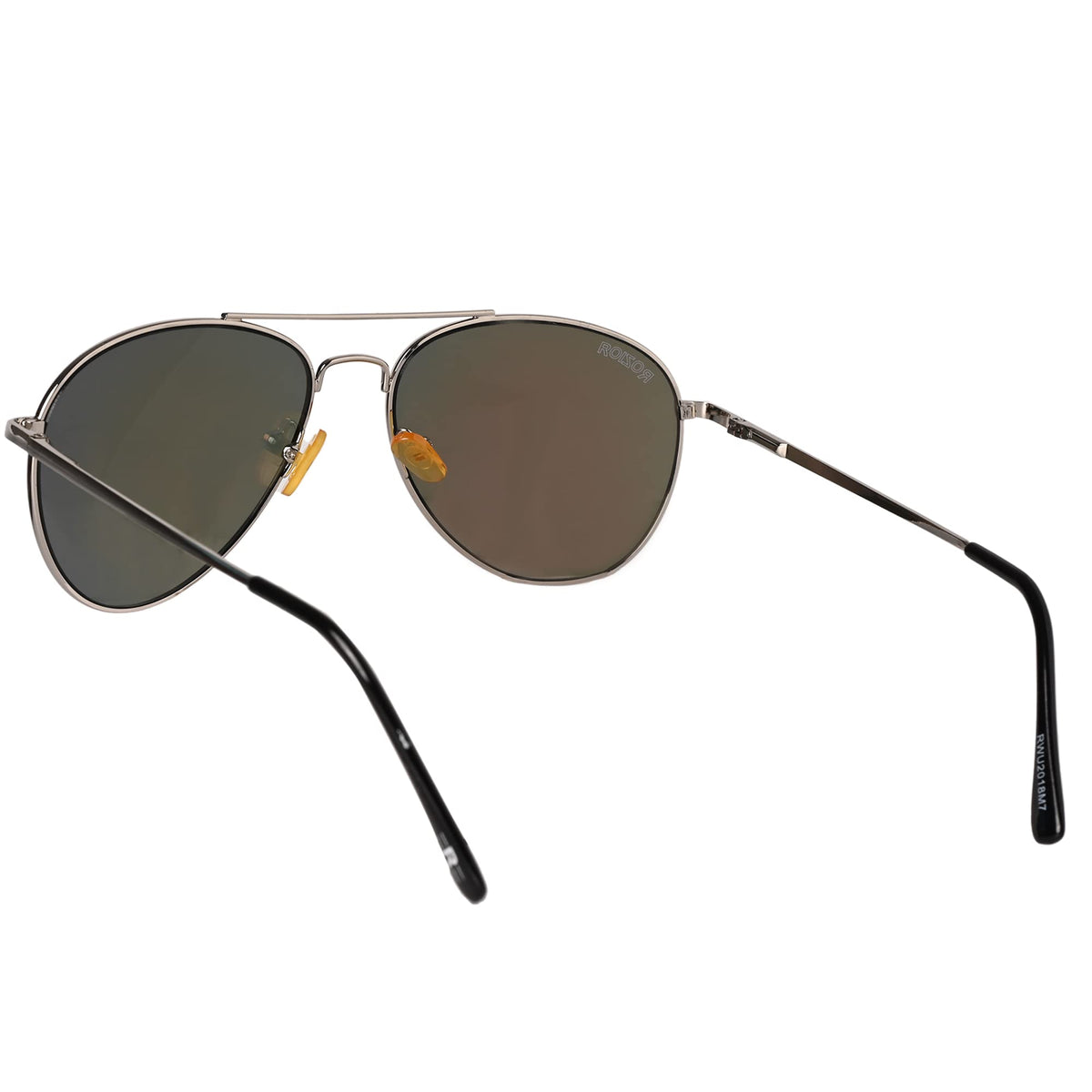 Close-up of ROZIOR silver frame aviator sunglasses with pink mirror UV protection lenses