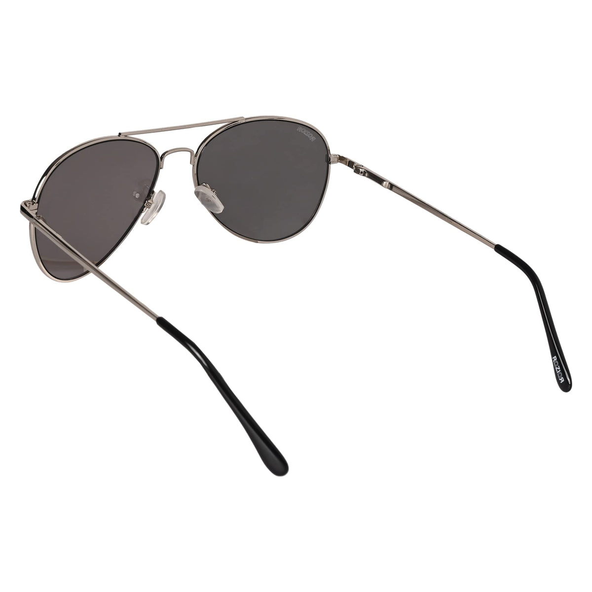Close-up of ROZIOR silver frame aviator sunglasses with silver mirror UV protection lenses