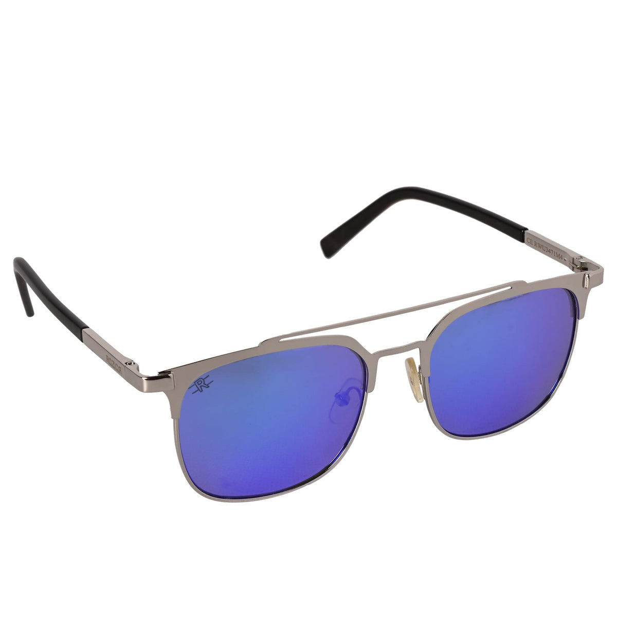 Detailed view of ROZIOR sunglasses highlighting the premium silver frame and blue UV400 lenses